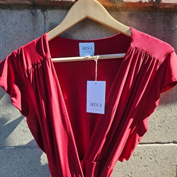 MISA LOS ANGELES RED WRAP MAXI DRESS | SILKY DRAPE | RESORT TO WEDDING SIZE S - Picture 3 of 6